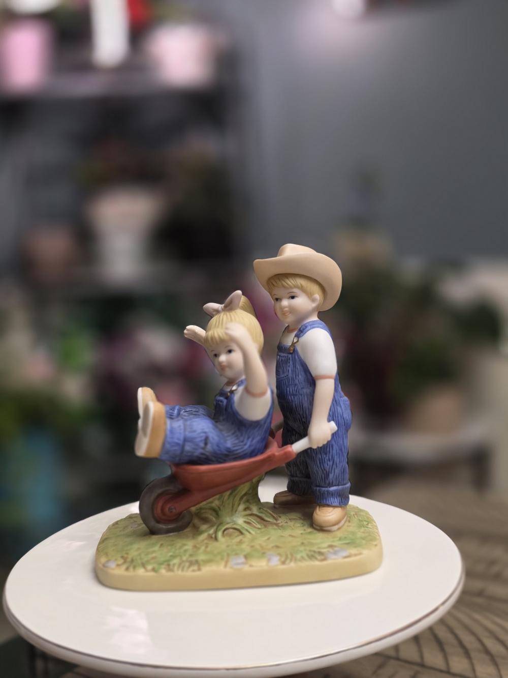 Home Interior Denim Days Wheelbarrow Porcelain Figurine - Blue